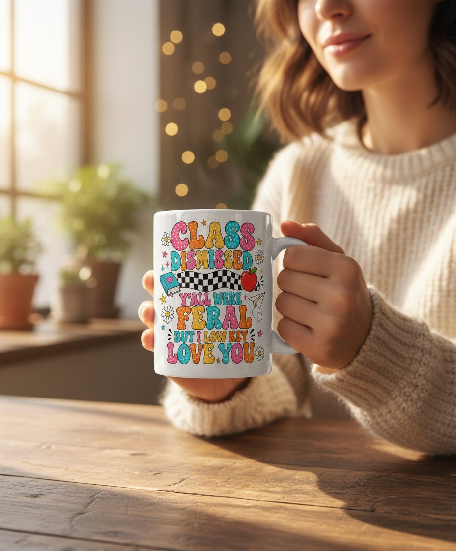 Class Dismissed Y'all Were Feral but I Low Key Love You White Mug - lifestyle model mockup - White