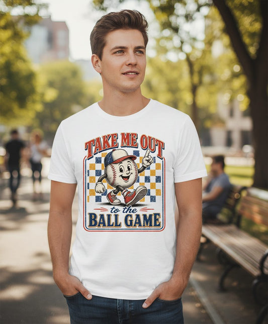 Take Me Out to the Ball Game Retro Baseball T-Shirt - lifestyle model mockup - White