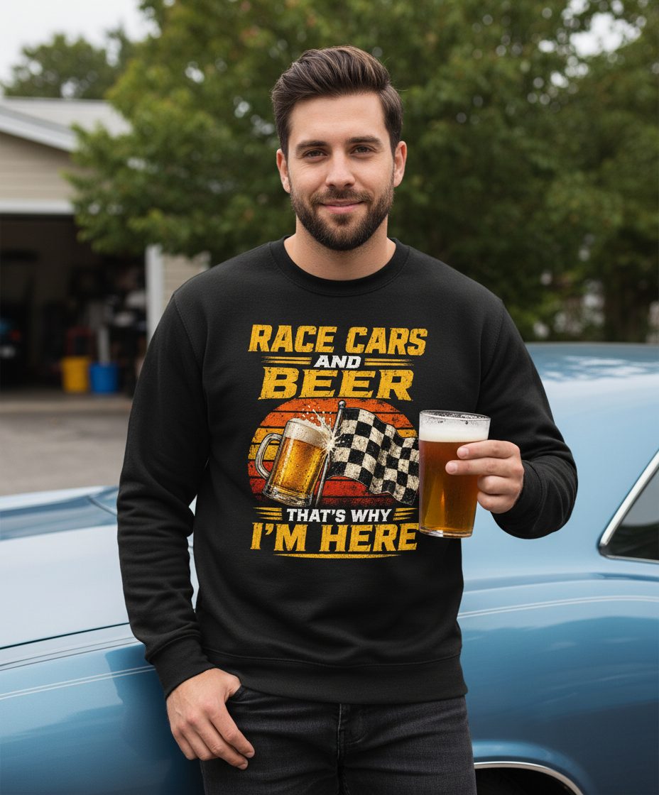 Race Cars and Beer That's Why I'm Here Funny Racing Sweatshirt - lifestyle model mockup - Black