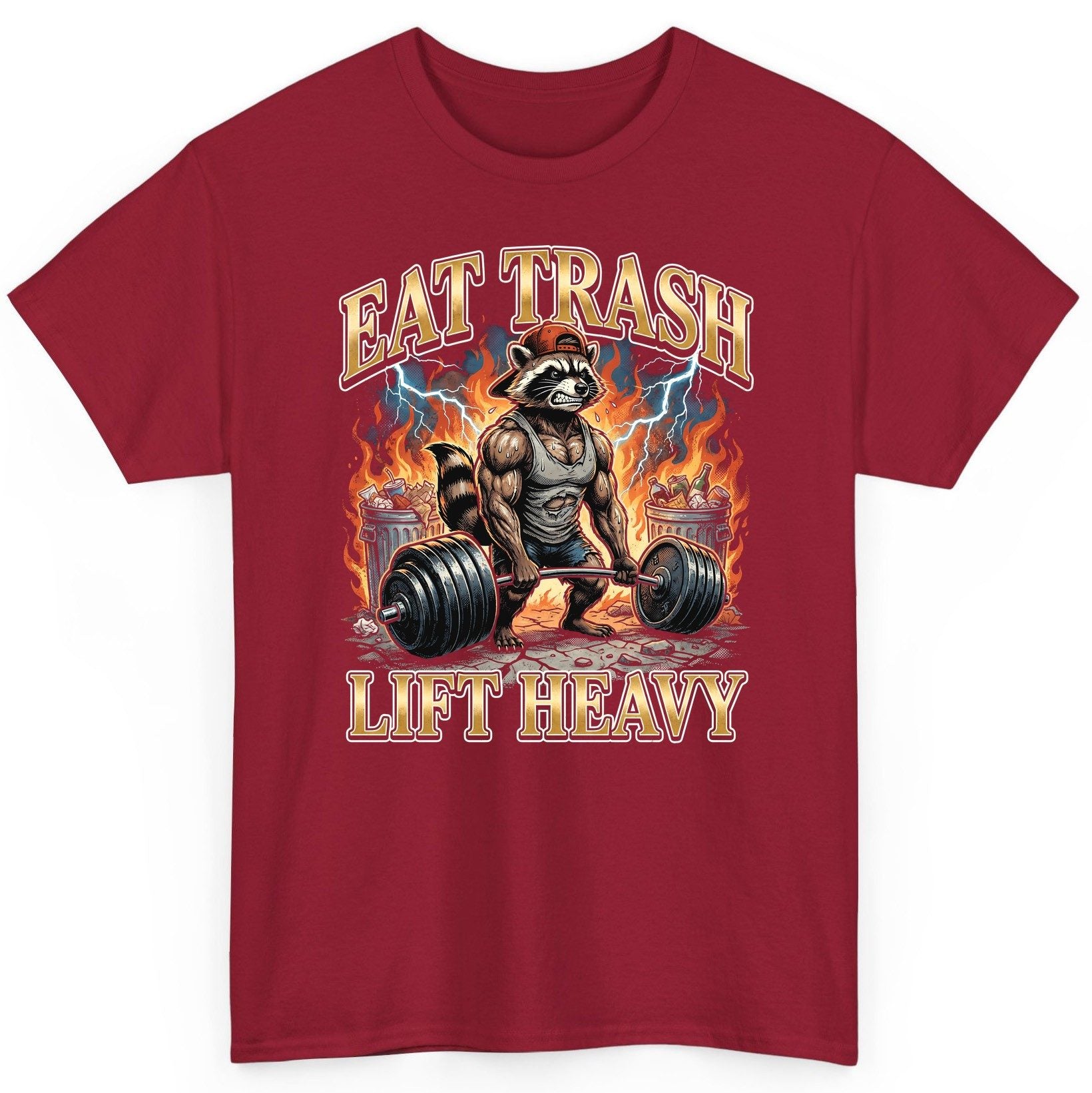 Eat Trash Lift Heavy raccoon T-Shirt Cardinal Red product mockup