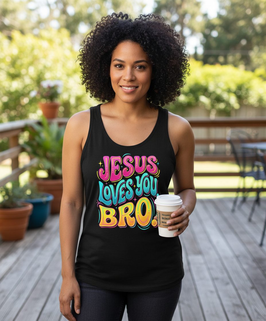 JESUS LOVES YOU BRO Retro Christian Tank Top - lifestyle model mockup - Black