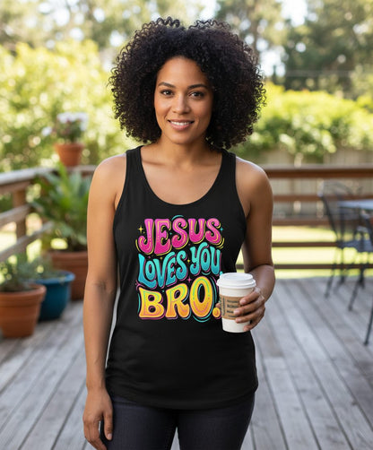 JESUS LOVES YOU BRO Retro Christian Tank Top - lifestyle model mockup - Black