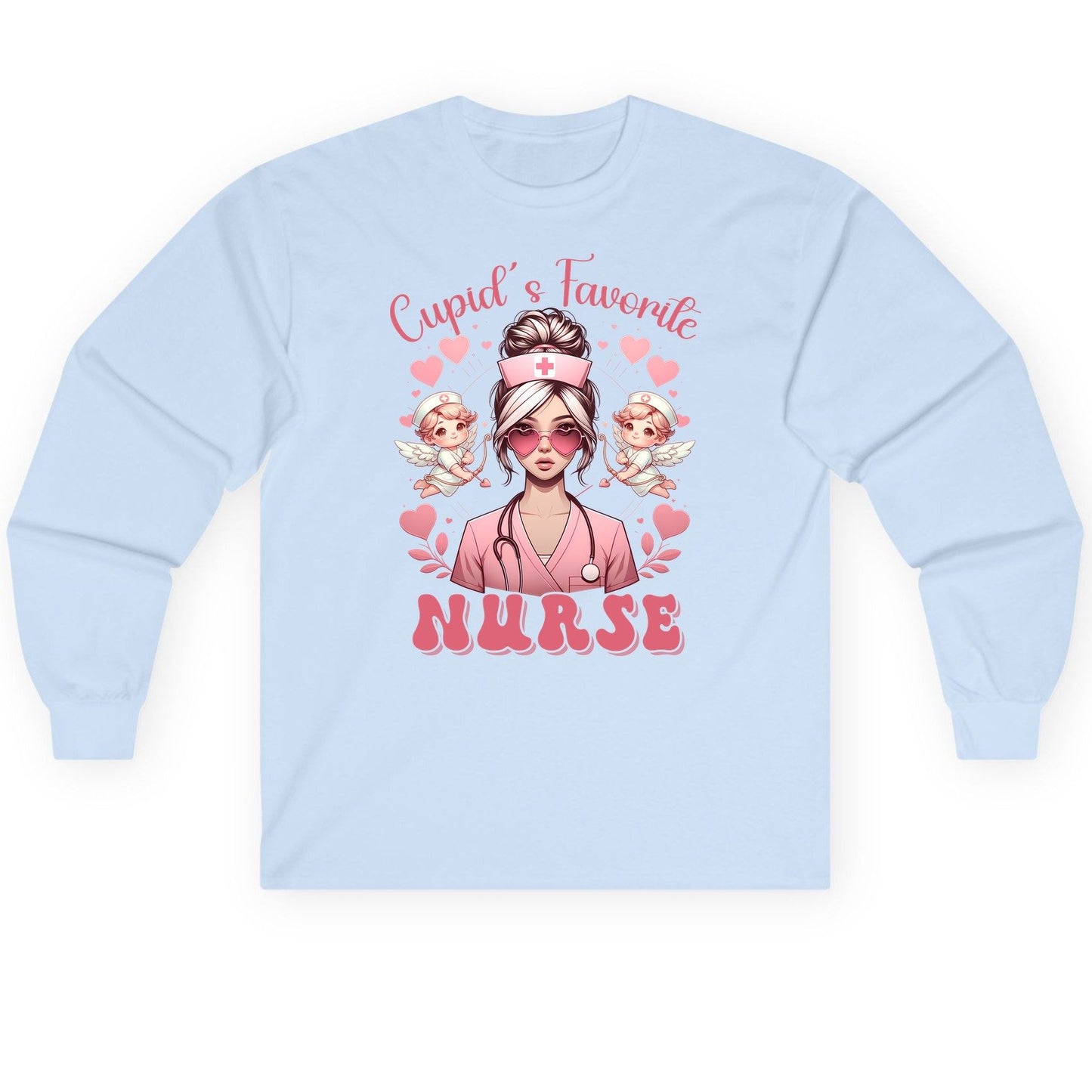 Cupid's Favorite Nurse nurse Long Sleeve Tee Light Blue product mockup