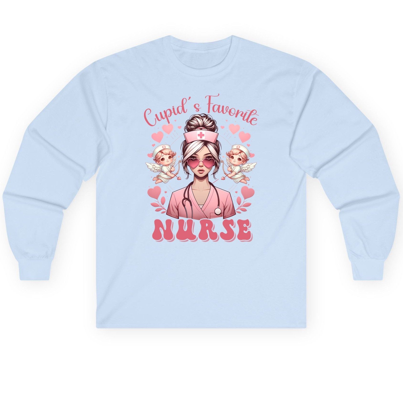 Cupid's Favorite Nurse nurse Long Sleeve Tee Light Blue product mockup