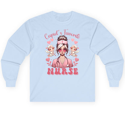 Cupid's Favorite Nurse nurse Long Sleeve Tee Light Blue product mockup