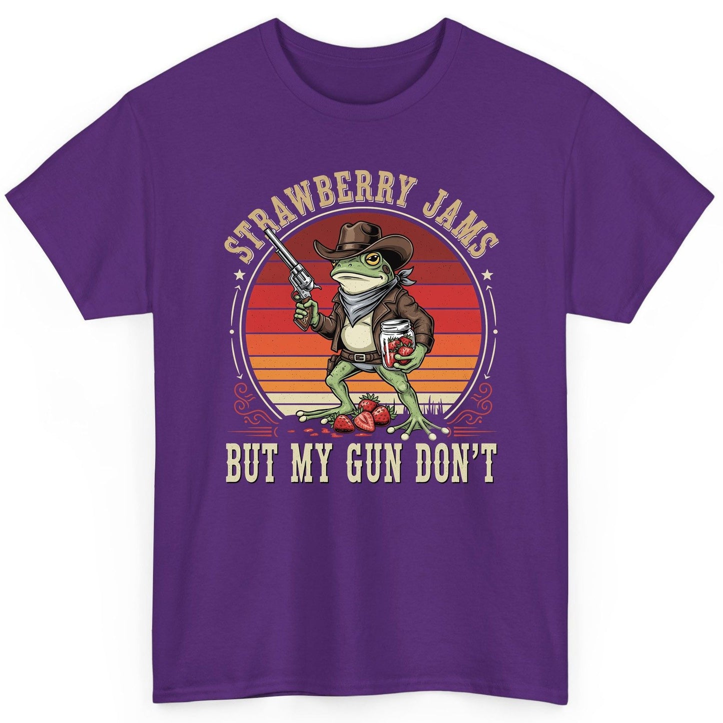 Strawberry Jams but My Gun Don't cowboy frog T-Shirt Purple product mockup