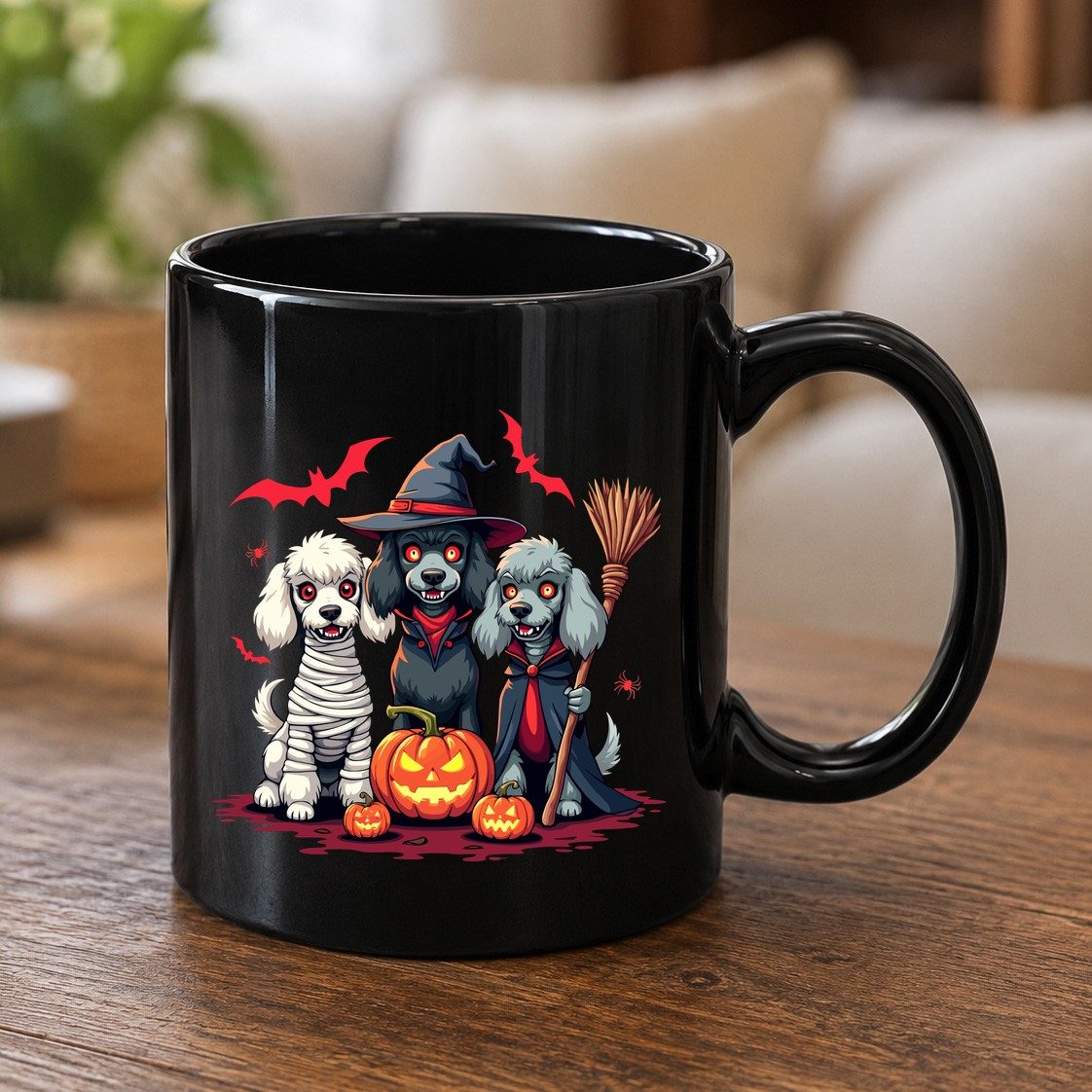 Spooky Poodle Trio Halloween dogs Black Mug Black product mockup