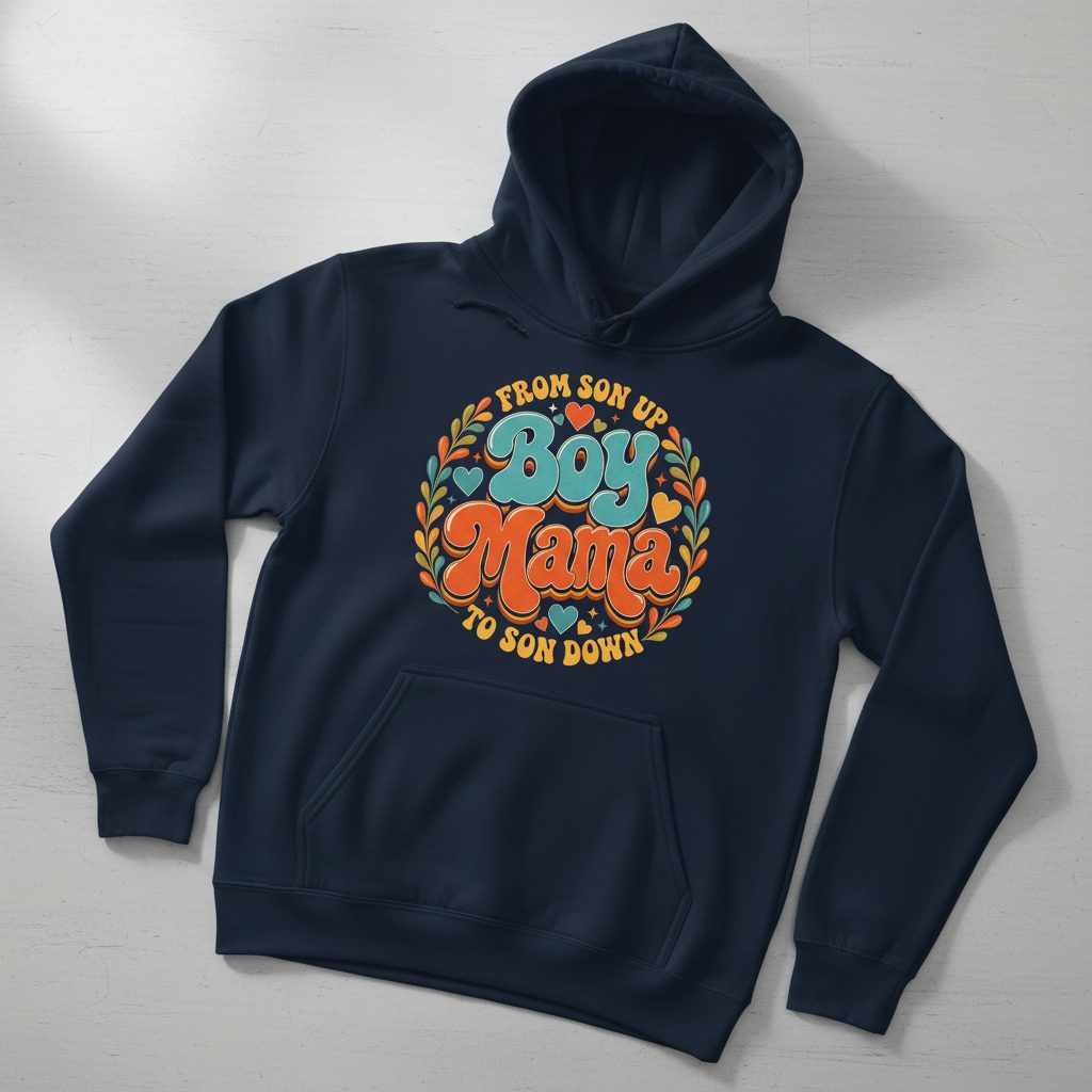 From Son Up to Son Down Boy Mama Retro Mothers of Sons Hoodie - product mockup - Navy