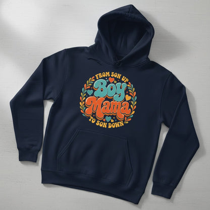 From Son Up to Son Down Boy Mama Retro Mothers of Sons Hoodie - product mockup - Navy