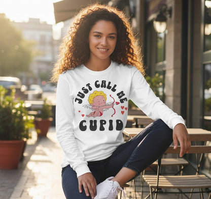 Just Call Me Cupid cupid Long Sleeve Tee White lifestyle mockup