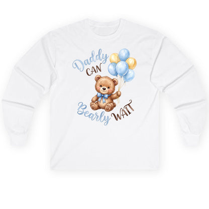 Daddy Can Bearly Wait Teddy Bear Long Sleeve Tee - product mockup - White