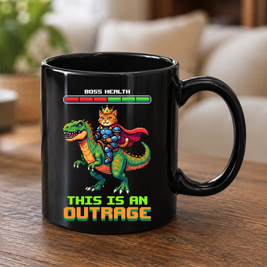 THIS IS AN OUTRAGE Cat riding a dinosaur Black Mug Black product mockup