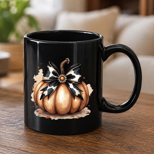 Cow Print Bow Pumpkin pumpkin Black Mug Black product mockup