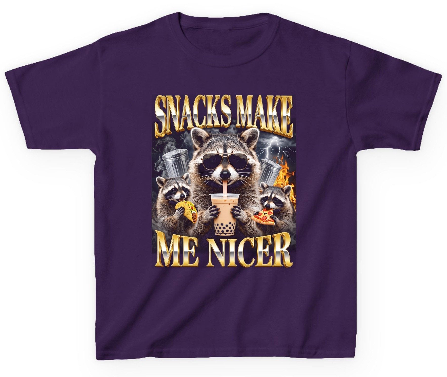 SNACKS MAKE ME NICER Funny Raccoon Youth T-Shirt - product mockup - Purple