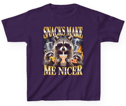 SNACKS MAKE ME NICER Funny Raccoon Youth T-Shirt - product mockup - Purple