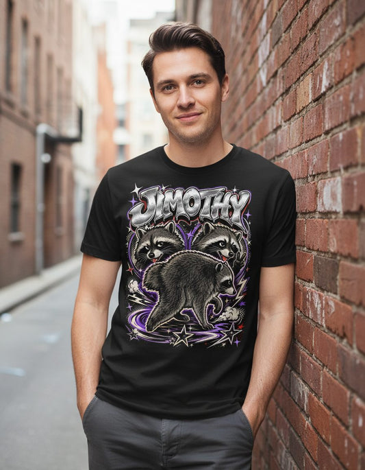 Jimothy Funny Raccoon T-Shirt - lifestyle model mockup - Black