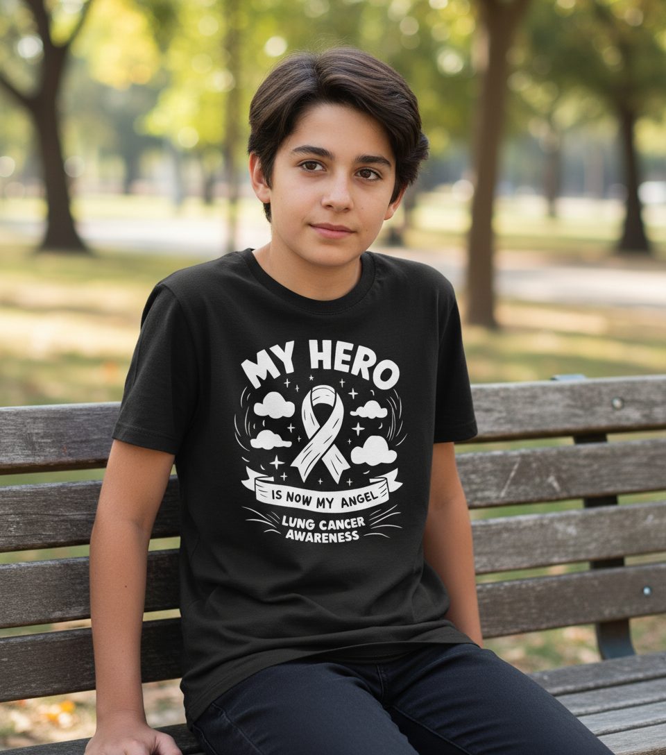 My Hero Is Now My Angel Lung Cancer Awareness lung cancer awareness Youth T-Shirt Black lifestyle mockup