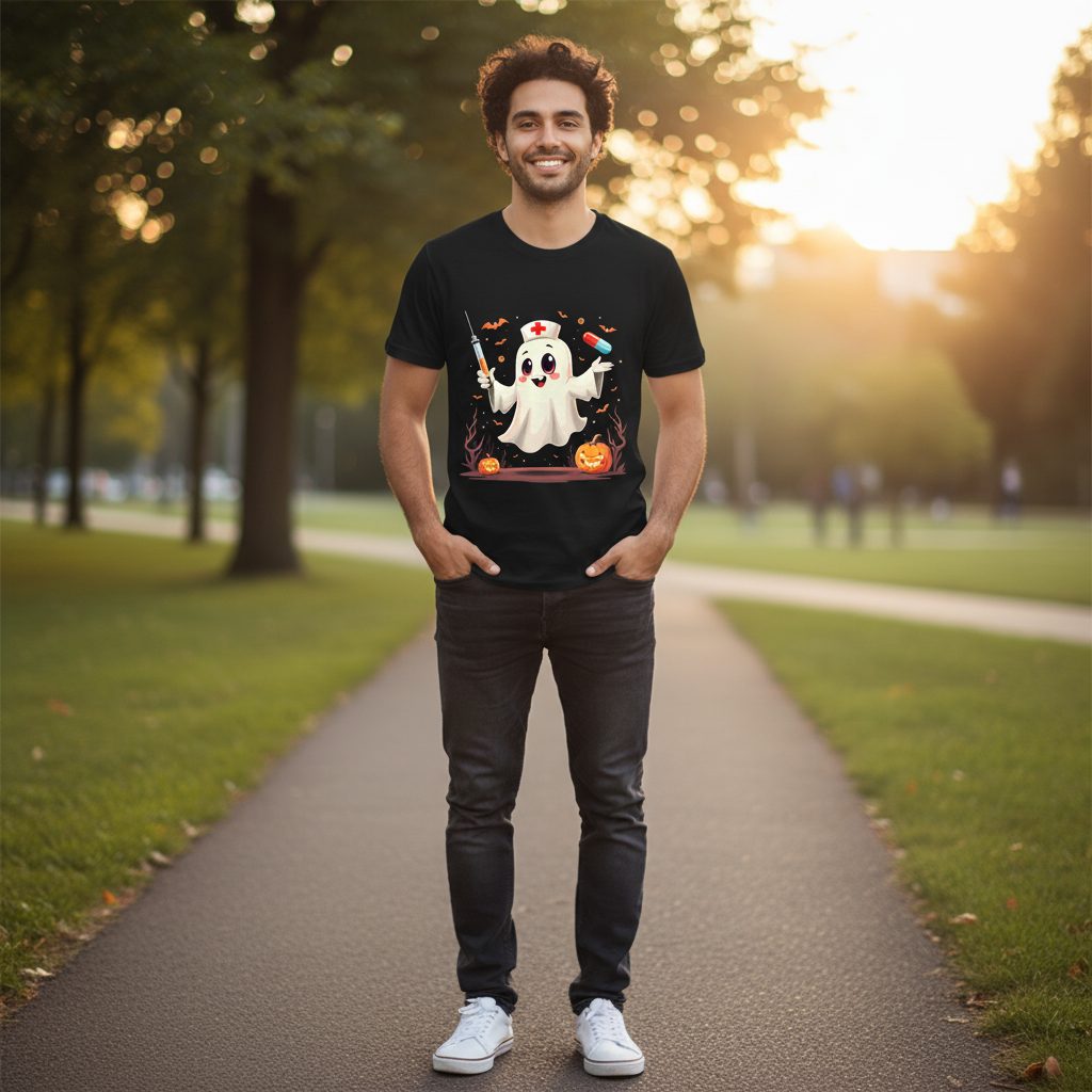 Cute Ghost Nurse Halloween ghost nurse T-Shirt Black lifestyle mockup