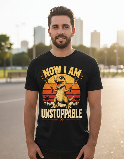 Now I Am Unstoppable Funny T-Rex T-Shirt - lifestyle model mockup - Black