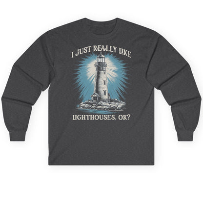 I Just Really Like Lighthouses, Ok? lighthouse Long Sleeve Tee Dark Heather product mockup