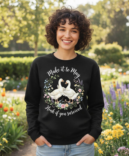 Make It to May Honk If You Survived Funny Geese Sweatshirt - lifestyle model mockup - Black
