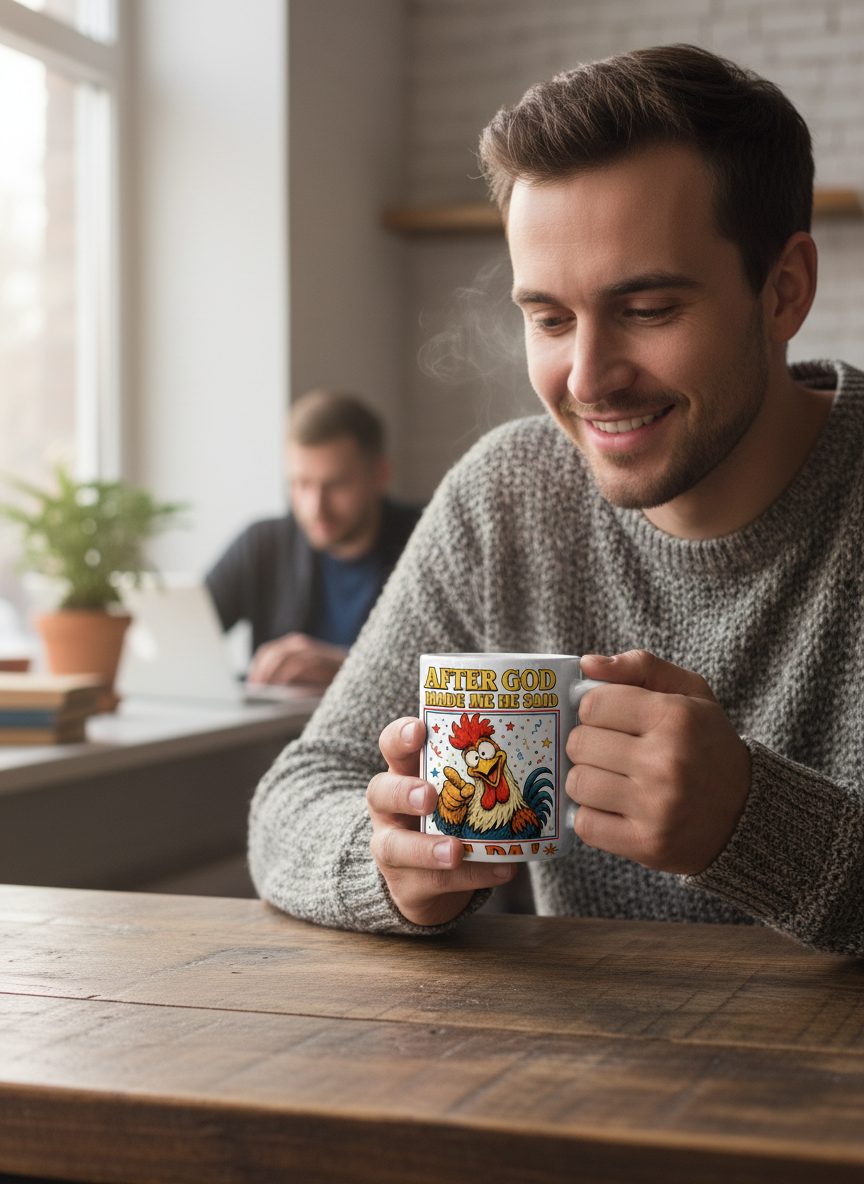 AFTER GOD MADE ME HE SAID TA DA Funny Rooster White Mug - lifestyle model mockup - White