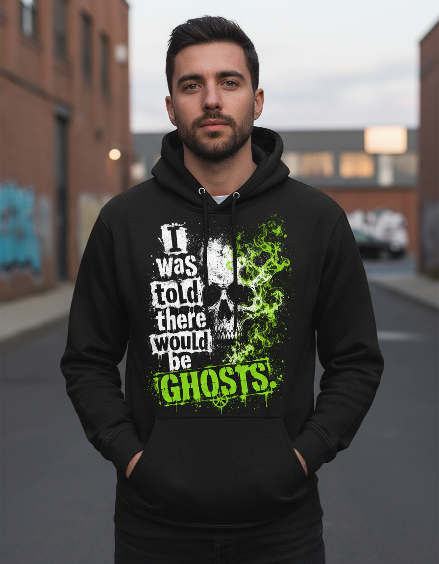 Funny I Was Told There Would Be Ghosts Skull Hoodie - lifestyle model mockup - Black