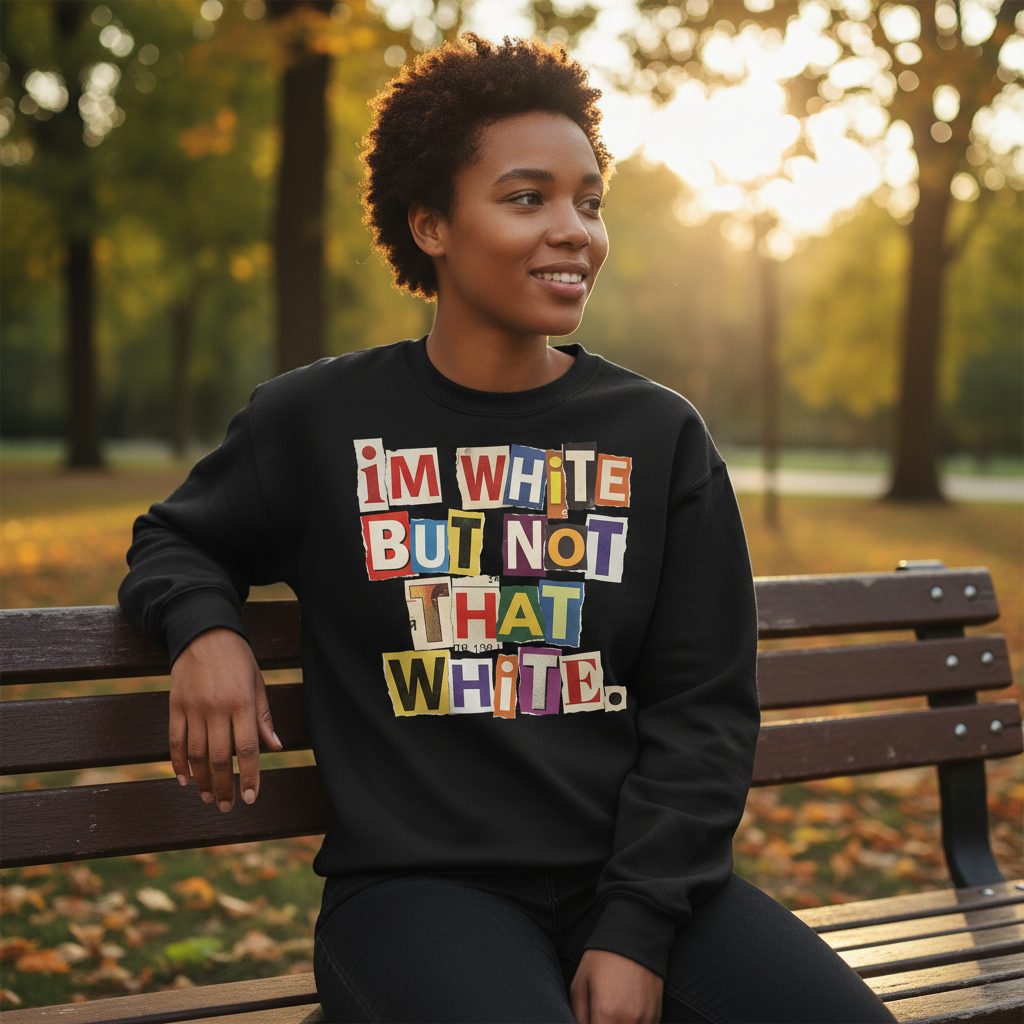 I'M WHITE BUT NOT THAT WHITE Funny Social Commentary Sweatshirt - lifestyle model mockup - Black
