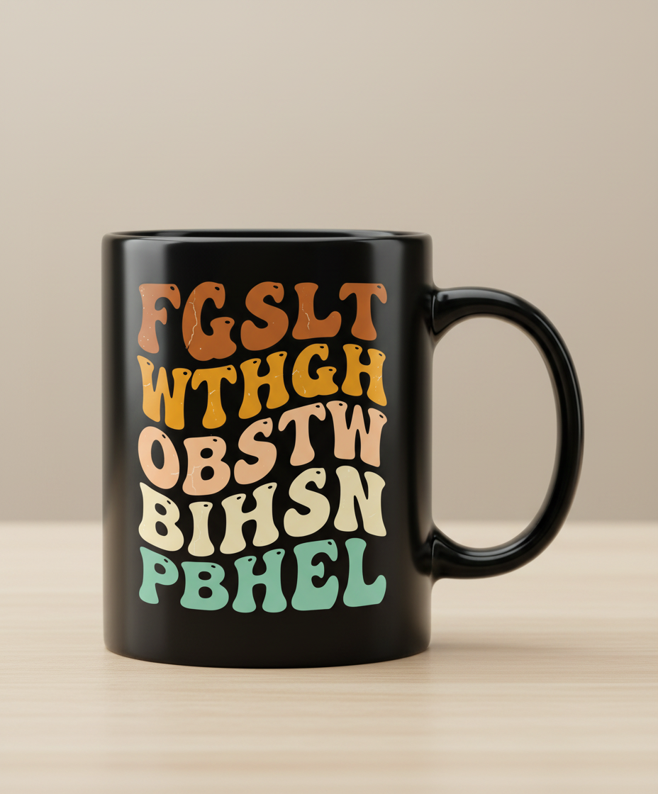 Retro 70s Groovy Wavy Alphabet Design Black Mug - Black
