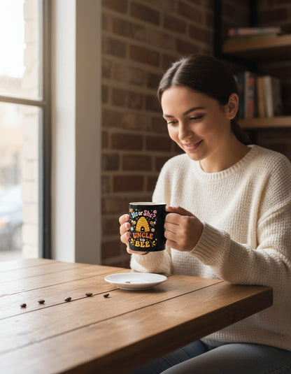 He or She Uncle to Bee Retro Gender Reveal Black Mug - lifestyle model mockup - Black