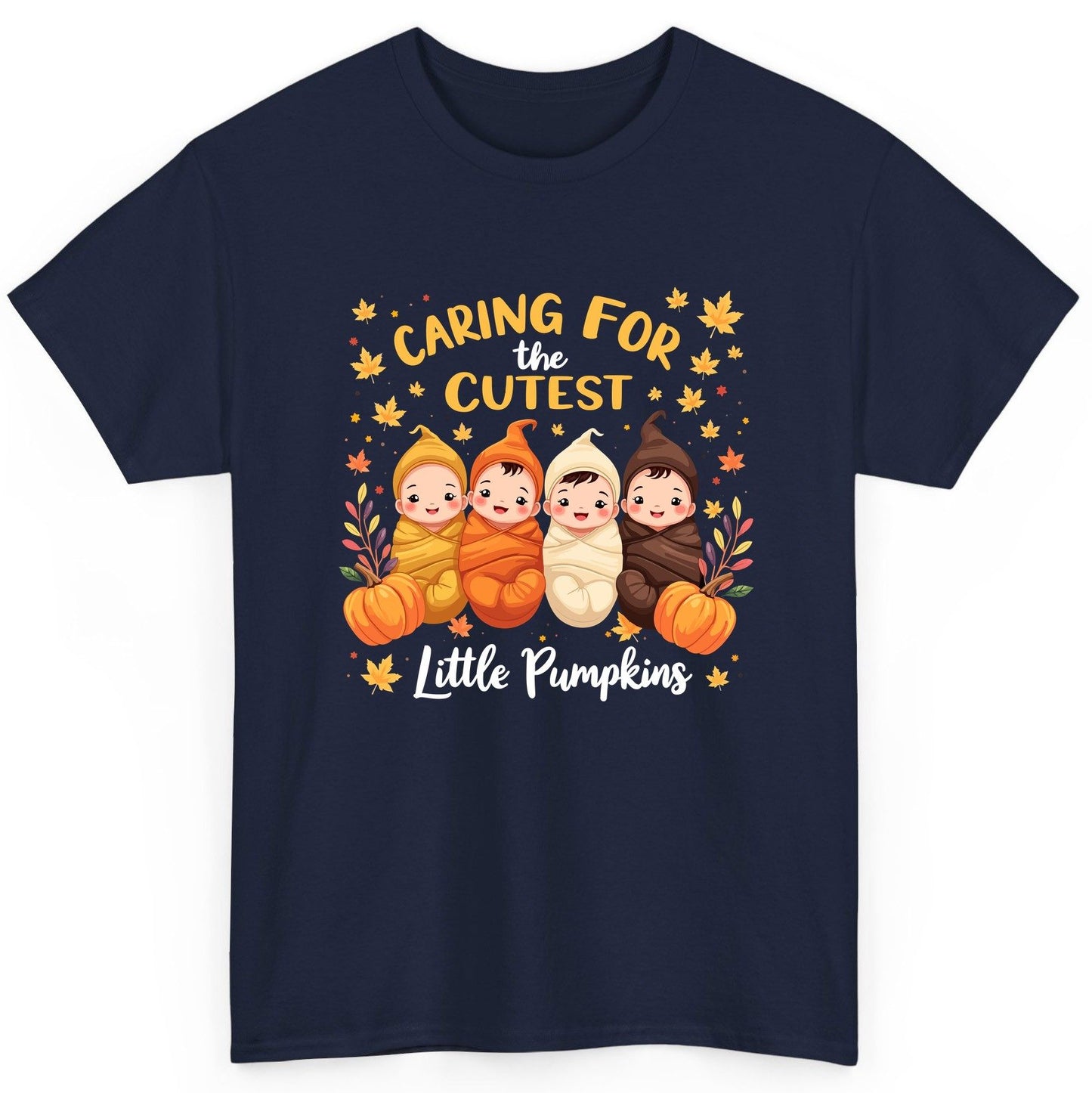Caring for the Cutest Little Pumpkins swaddled babies T-Shirt Navy product mockup