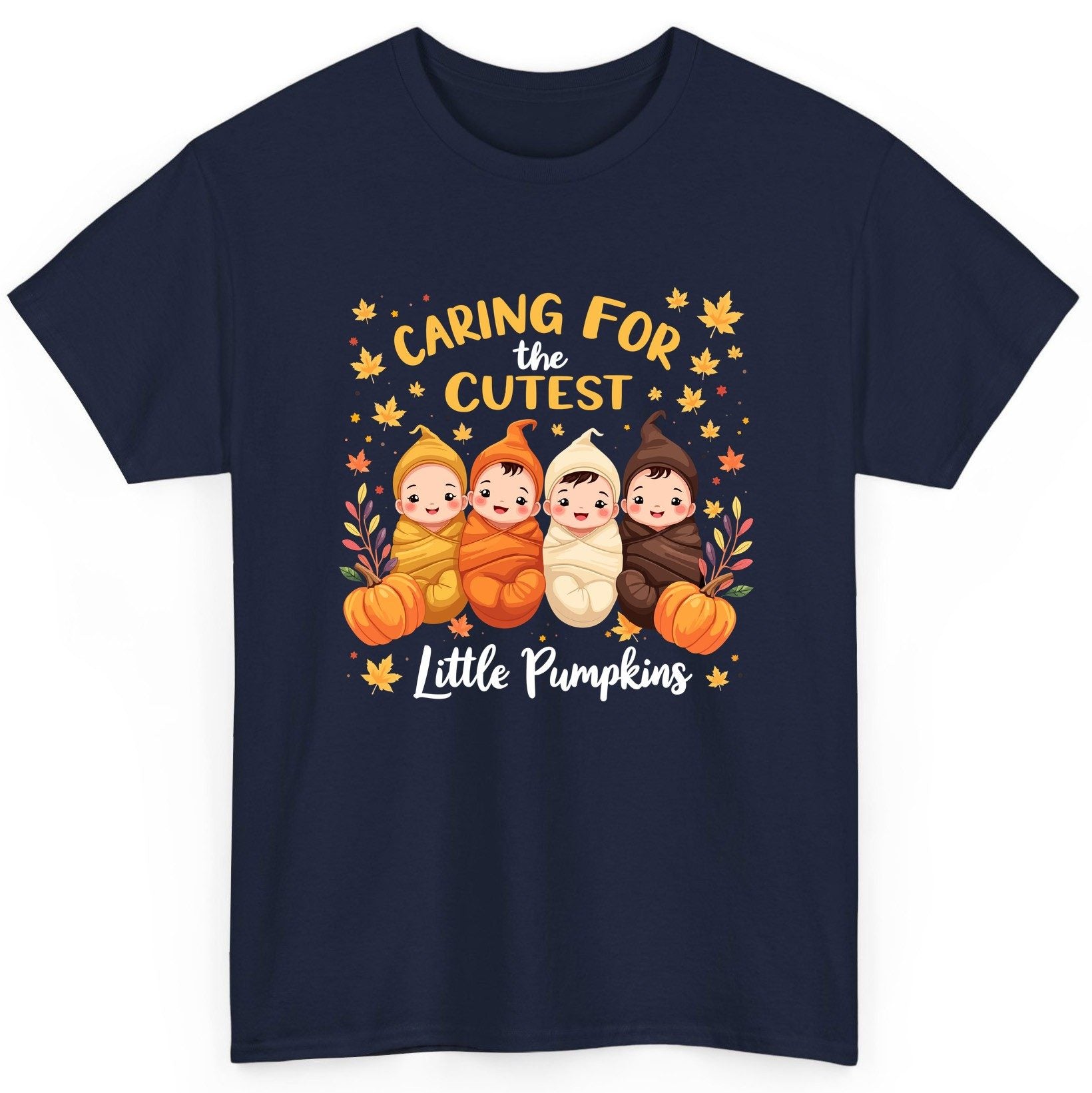 Caring for the Cutest Little Pumpkins swaddled babies T-Shirt Navy product mockup