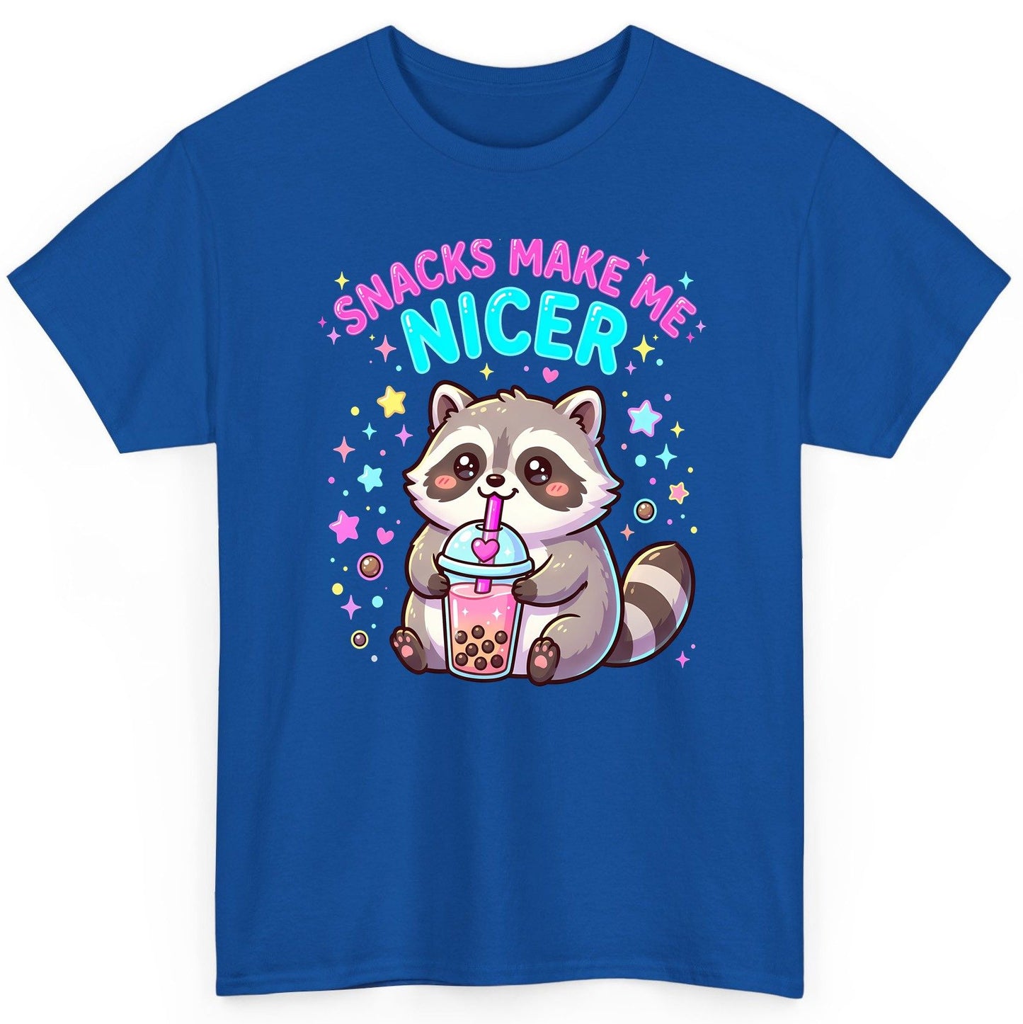 SNACKS MAKE ME NICER Funny Raccoon T-Shirt - product mockup - Royal