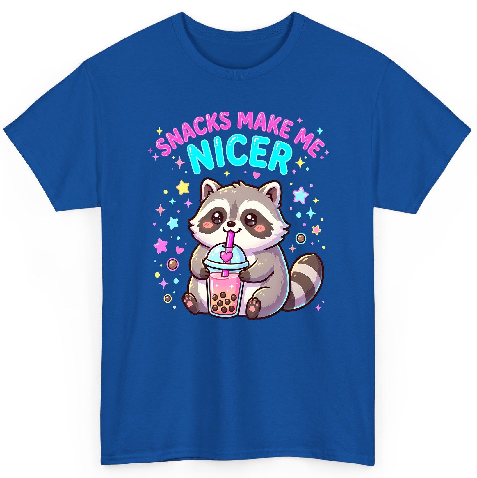 SNACKS MAKE ME NICER Funny Raccoon T-Shirt - product mockup - Royal
