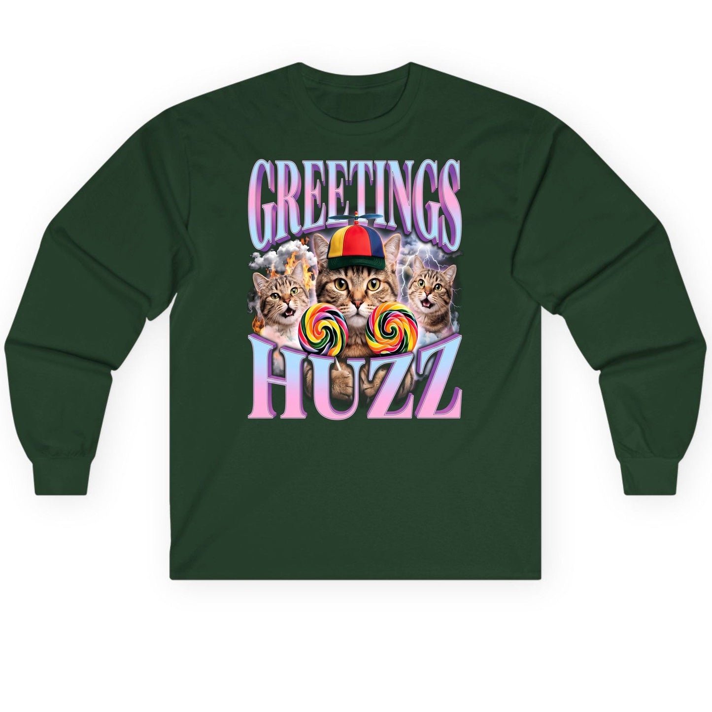 Greetings Huzz Funny Cats Long Sleeve Tee - product mockup - Forest Green