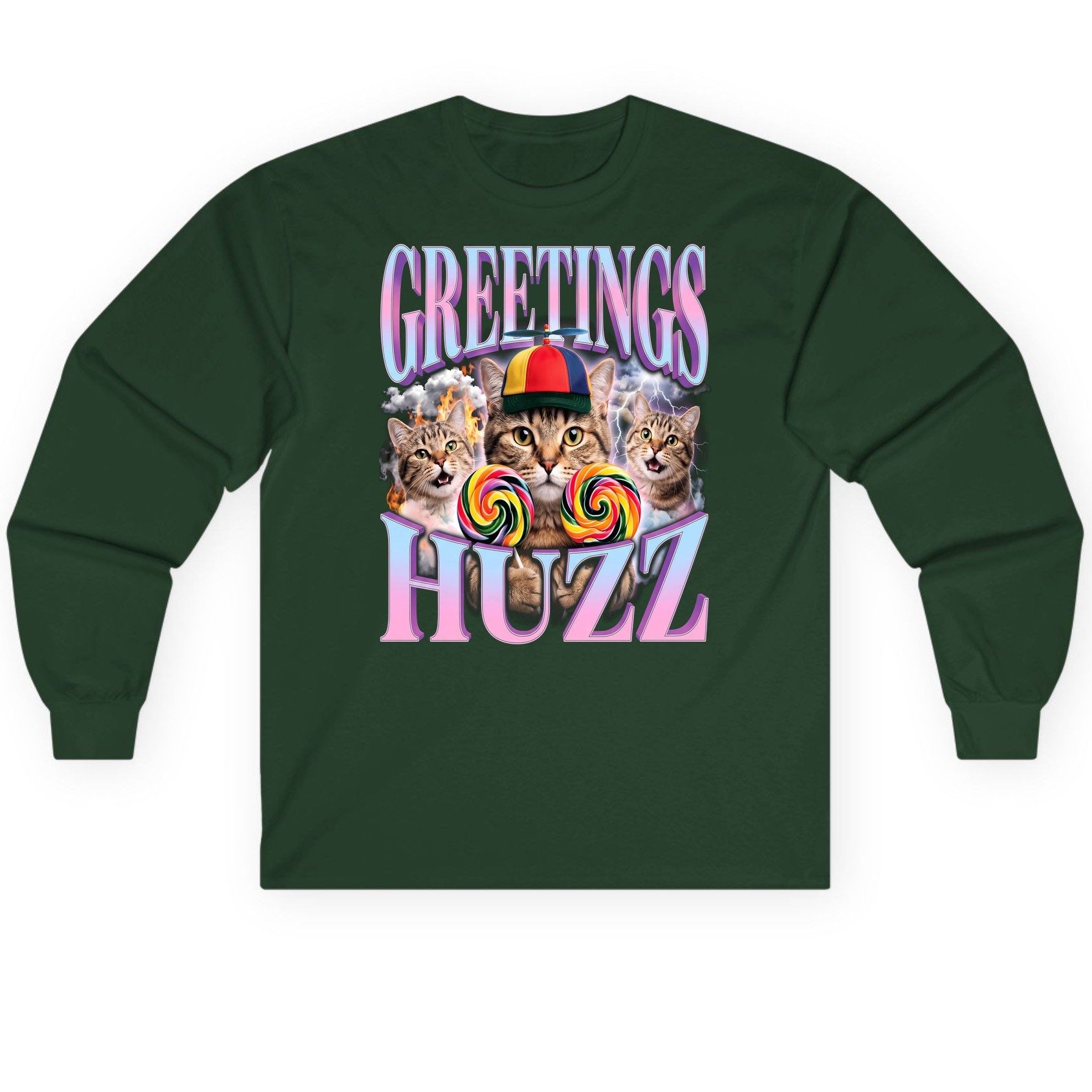 Greetings Huzz Funny Cats Long Sleeve Tee - product mockup - Forest Green