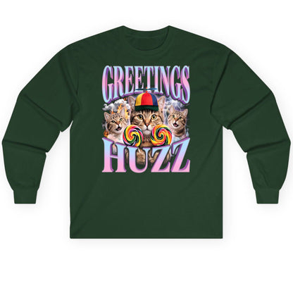 Greetings Huzz Funny Cats Long Sleeve Tee - product mockup - Forest Green