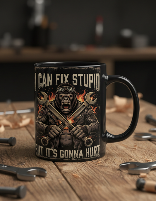 I Can Fix Stupid Gorilla Mechanic Biker Design Black Mug - Black