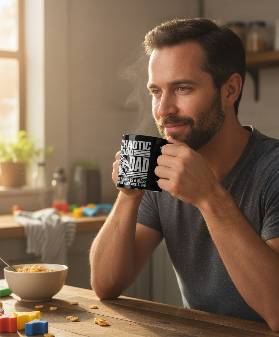CHAOTIC GOOD DAD THE HOUSE IS A MESS BUT THE KIDS ARE ALIVE Funny Chaotic Good Dad Dragon Black Mug - lifestyle model mockup - Black