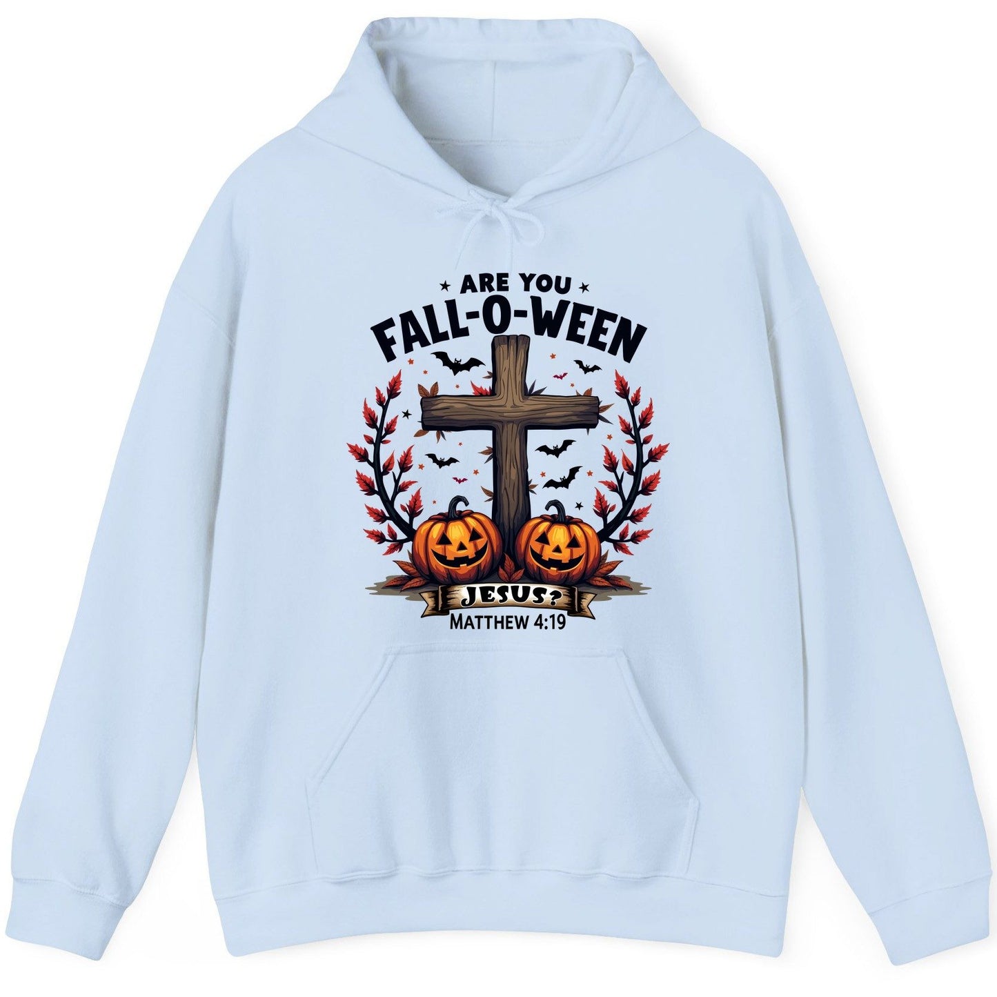 Are You Fall-O-Ween Jesus? christian Halloween Hoodie Light Blue product mockup