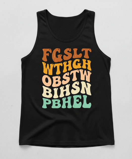 Retro 70s Groovy Wavy Alphabet Design Tank Top - Black