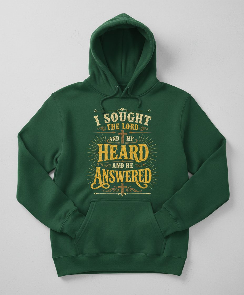 I Sought the Lord and He Heard and He Answered Hoodie - product mockup - Forest Green