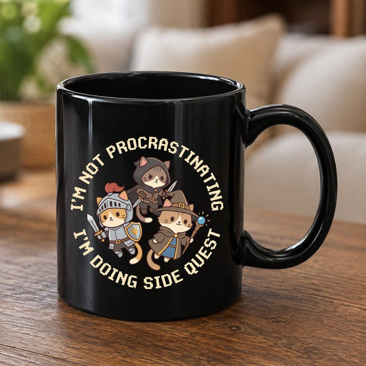 I'm Not Procrastinating I'm Doing Side Quest rpg cats Black Mug Black product mockup
