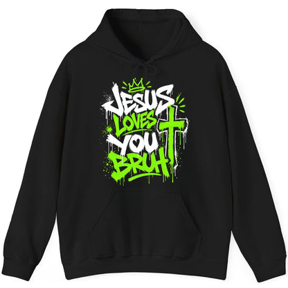 Jesus Loves You Bruh Christian Hoodie - product mockup - Black