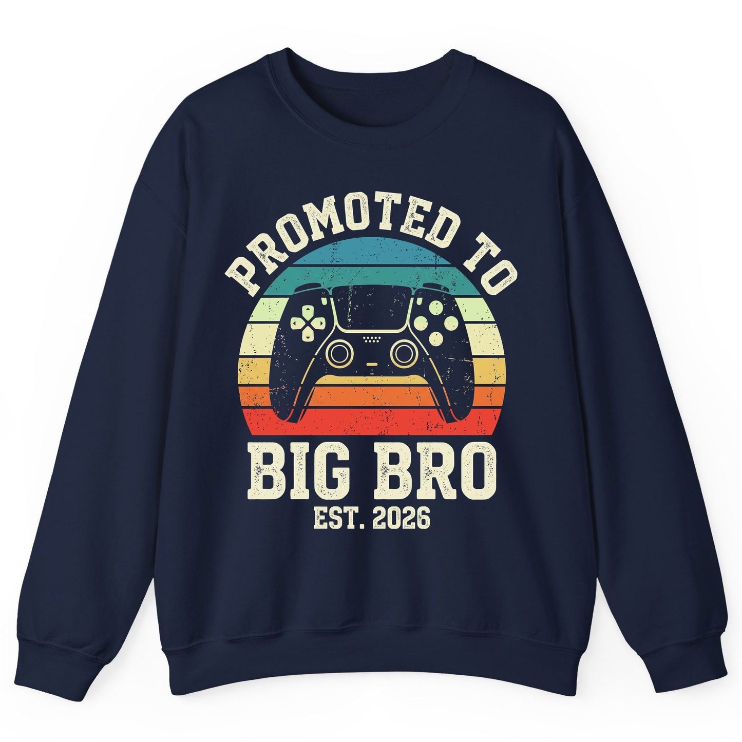 Promoted TO BIG BRO EST 2026 Retro Gaming Sweatshirt - product mockup - Navy