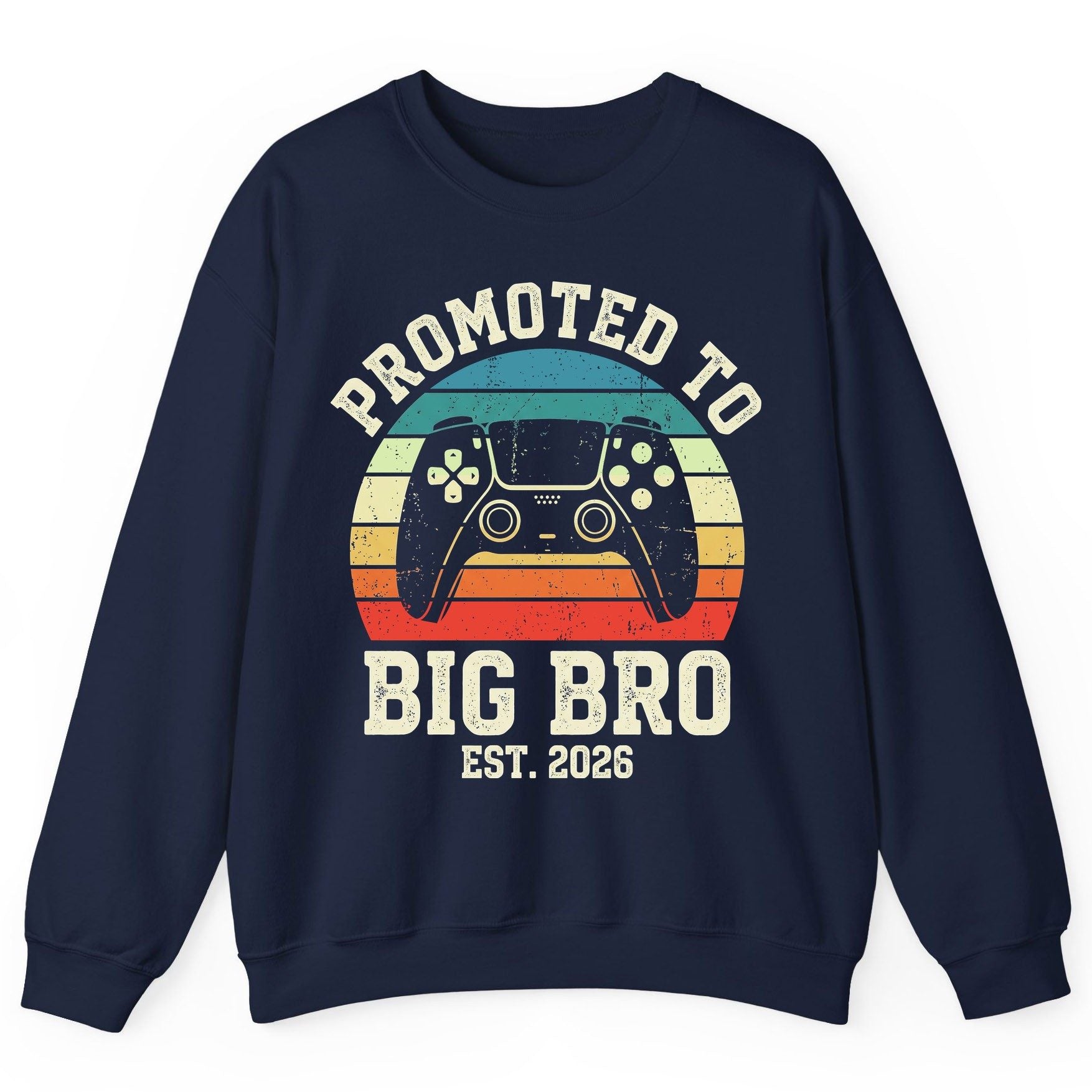 Promoted TO BIG BRO EST 2026 Retro Gaming Sweatshirt - product mockup - Navy