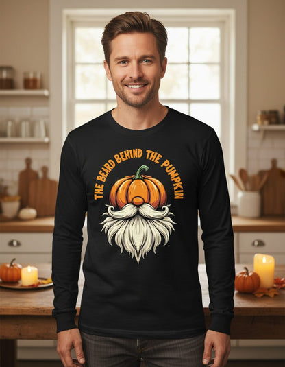 The Beard Behind the Pumpkin Halloween gnome Long Sleeve Tee Black lifestyle mockup