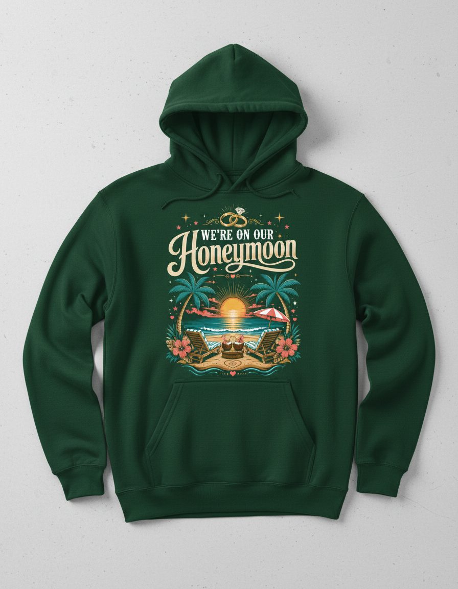 We're on Our Honeymoon Retro Newlyweds Hoodie - product mockup - Forest Green