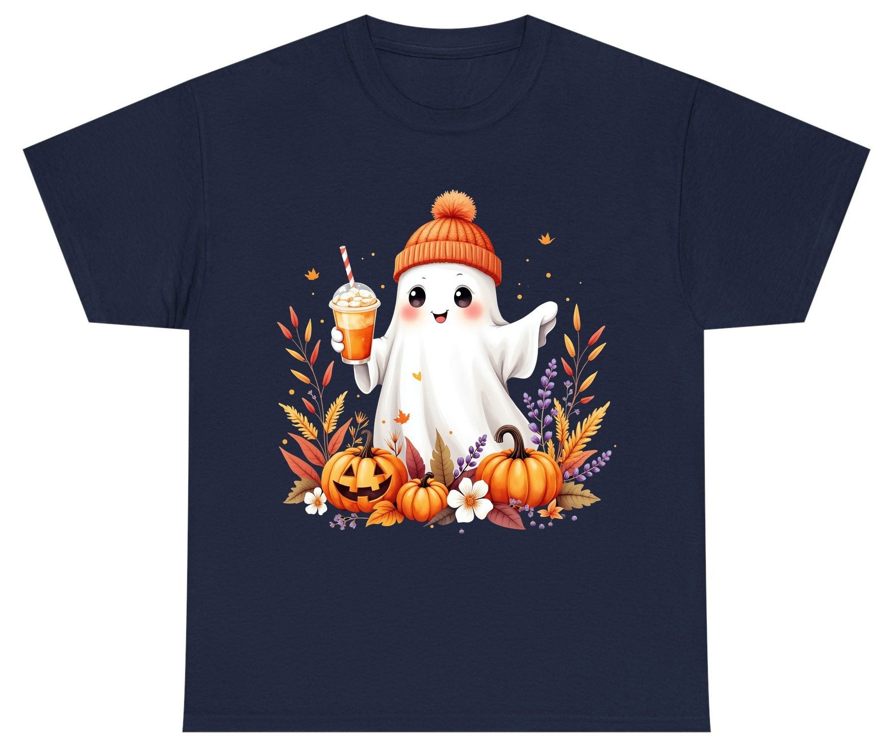 Cute Ghost Pumpkin Spice Latte cute Halloween ghost Youth T-Shirt Navy product mockup