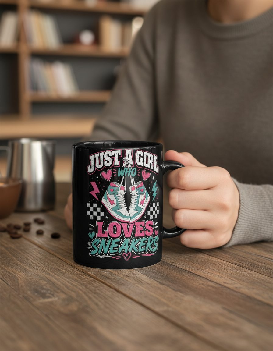 Sneakers Retro Sneakerheads Black Mug - lifestyle model mockup - Black